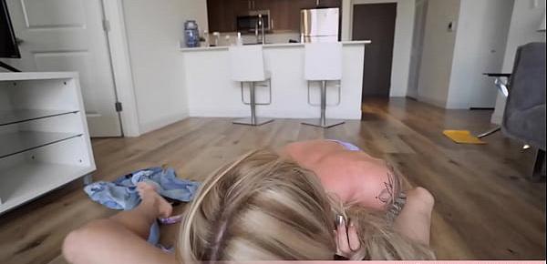  Beautiful sporty blonde stepmom Lolly agreed to show her big tits and give a BJ